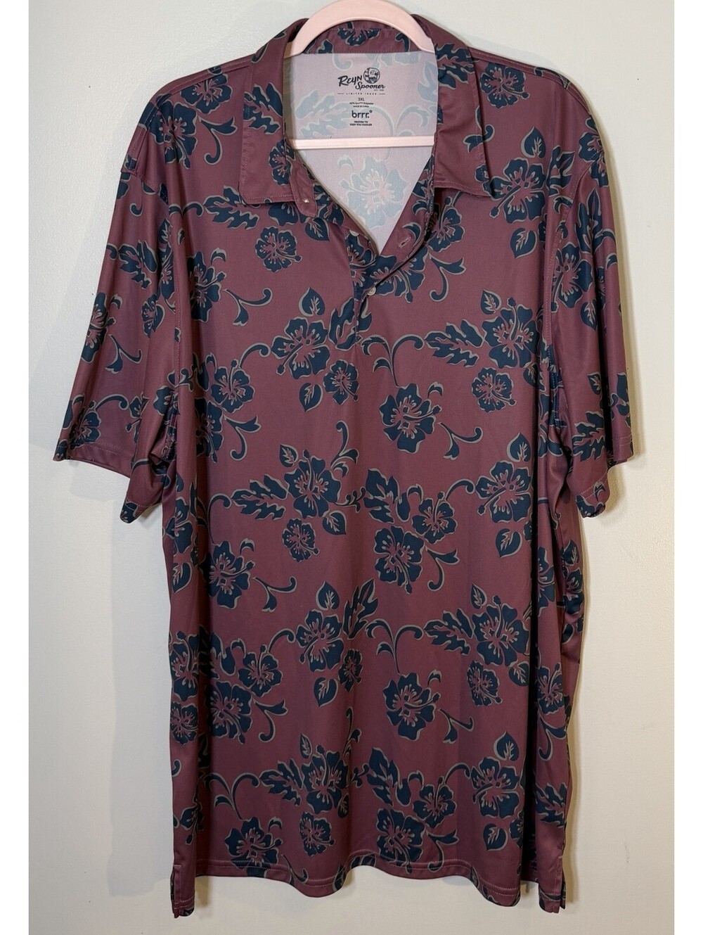 Reyn Spooner Maroon Hawaiian Performance Polo Shirt Brrr Collection UPF 50 3XL